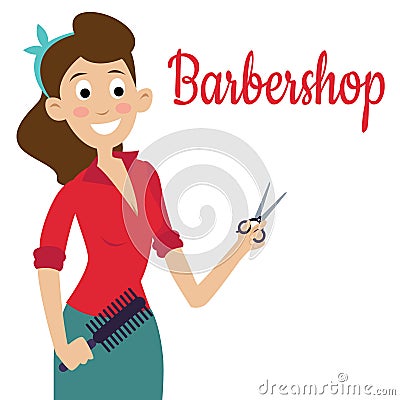 Woman barber with scissors, shear, beautiful worker people portrait. Vector Illustration