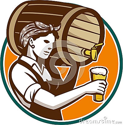 Woman Bartender Pouring Keg Barrel Beer Retro Vector Illustration