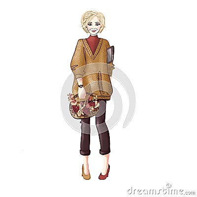 Woman with a basket of autumn leaves in her hands and a tablet under her arm Stock Photo