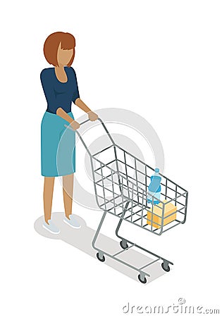 Woman with Basket Buying Daily Products Vector Vector Illustration