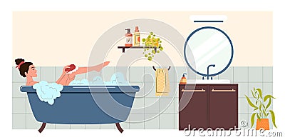 Woman in bath with plant, pretty lady relax and care, Vector Illustration