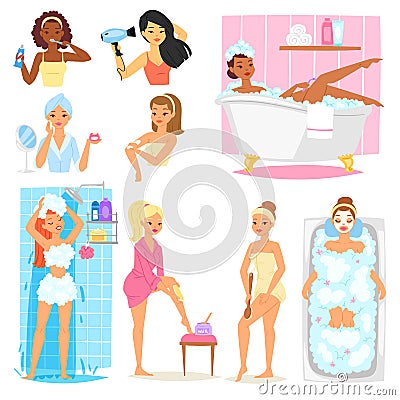 Woman bathing in bathroom vector beautiful girl character in bathrobe cleaning teeth and washing in bath illustration Vector Illustration