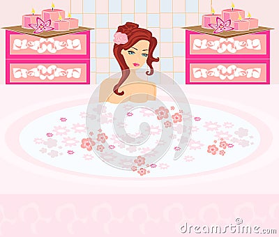 Woman bathing in bathtub in beautiful bathroom. Vector Illustration