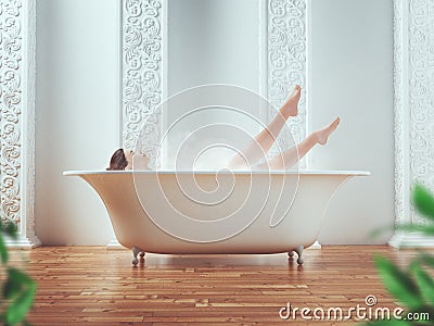 Woman is bathing in the tub Stock Photo