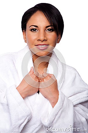 Woman in bathrobe at spa Stock Photo