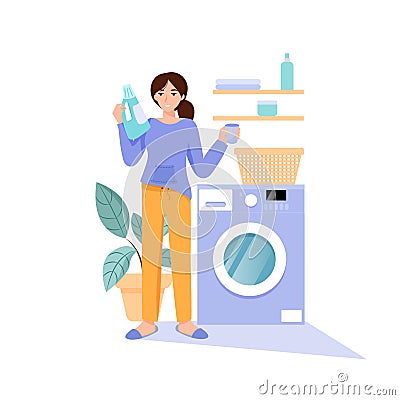 Woman in the bathroom thinks about how much washing powder to add for washing Vector Illustration