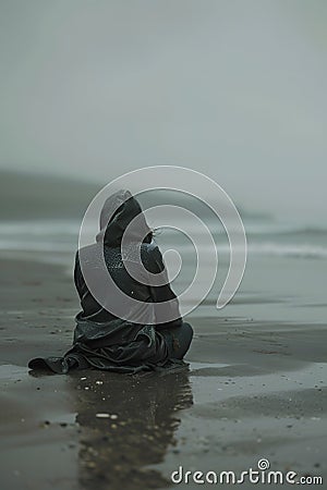 woman on the beach in a gloomy day, generative AI Stock Photo