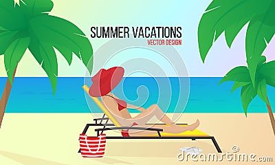 Woman on the beach.Summer vacation.Vacations in tropical countries.Vector illustration. Vector Illustration