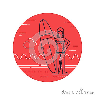 Woman on the beach with surf board standing Vector Illustration