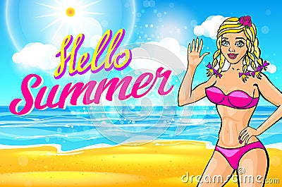 Woman on the beach. vector blonde in a pink bikini on a sunny beach welcomes you. lettering Hello Summer Vector Illustration