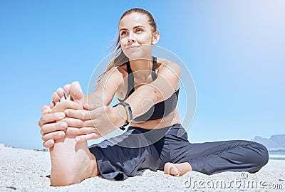 Woman, beach yoga and stretching feet, legs and body for exercise, training and summer workout. Fitness girl, sea sand Stock Photo