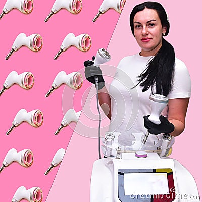A woman beautician against the background of a collage of handpieces for carrying out hardware slimming procedures in a spa salon. Stock Photo