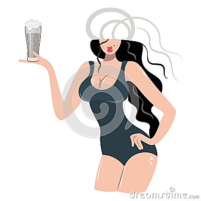 Sexy girl in a dark swimsuit with a glass of beer. A woman with beautiful breasts carries a pint of beer. The problem of Vector Illustration