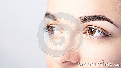 Woman with beautiful eyebrows close-up on a light background with copy space. Microblading, microshading, eyebrow tattoo, henna, Stock Photo