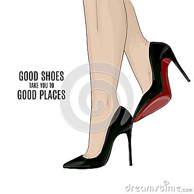Woman beautiful legs on stileto high heels shoes fashion illustration. Modern elegance beauty poster. Red black offic Vector Illustration