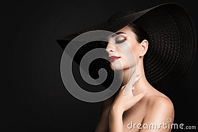 Woman Beauty Black Hat, Elegant Fashion Model Glamour Retro Portrait, Wide Broad Brim Stock Photo