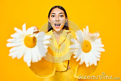 woman beauty chamomile portrait young flower yellow smile pretty happiness model Stock Photo