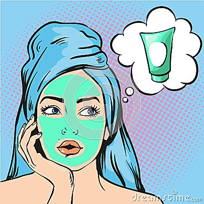 Woman with beauty cosmetic mask on face. Vector illustration in pop art comic style Vector Illustration