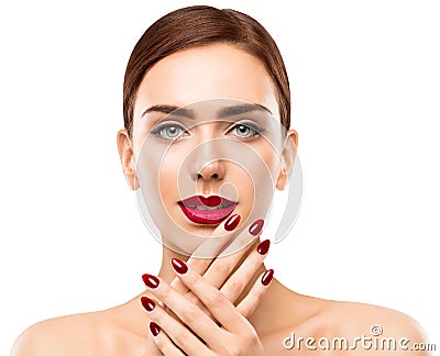 Woman Beauty Face Lips and Nails, Red Lipstick Nail Polish Stock Photo