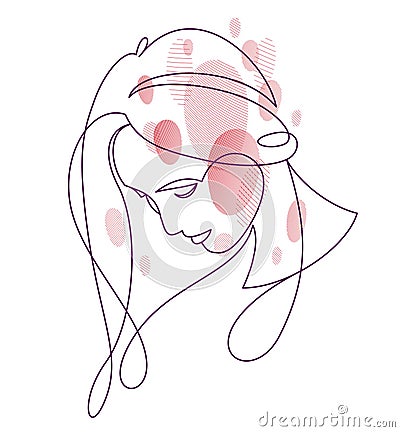 Woman beauty face vector linear illustration, delicate line art of attractive girl portrait, abstract feminine drawing minimal Vector Illustration