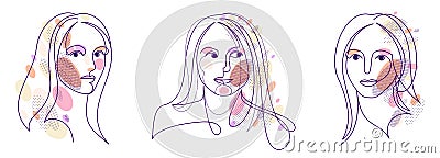 Woman beauty face vector linear illustrations set, delicate line art of attractive girl portraits collection, abstract feminine Vector Illustration