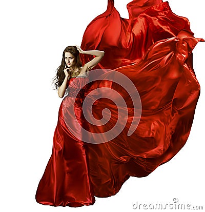 Woman Beauty Fashion Dress, Girl In Red Elegant Silk Gown Waving Stock Photo