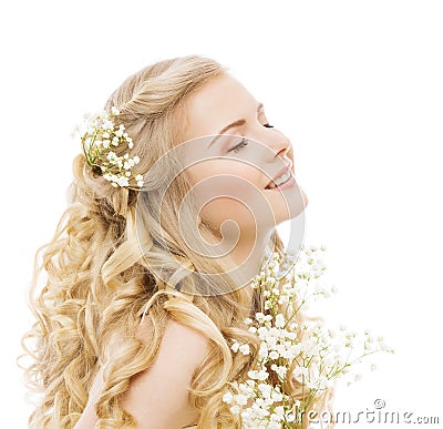 Woman Beauty Hair Care and Treatment, Happy Young Girl Flowers Hairstyle on White Stock Photo