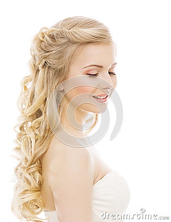 Woman Beauty Makeup Long Hair, Young Girl with Blond Curly Hairs Stock Photo