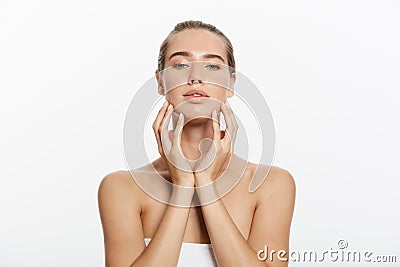 Woman Beauty Makeup, Natural Face Make Up, Body Skin Care, Beautiful Model Touching Neck Chin Stock Photo