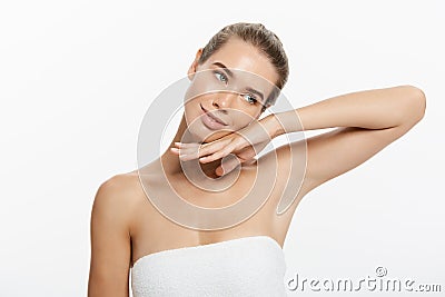 Woman Beauty Makeup, Natural Face Make Up, Body Skin Care, Beautiful Model Touching Neck Chin Stock Photo