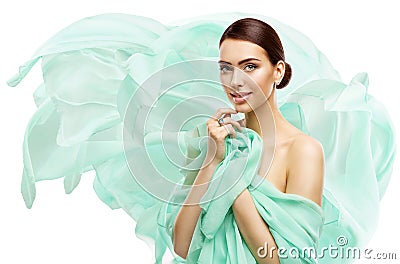 Woman Beauty Makeup Skin Care, Young Model in Fluttering Dress, White Stock Photo