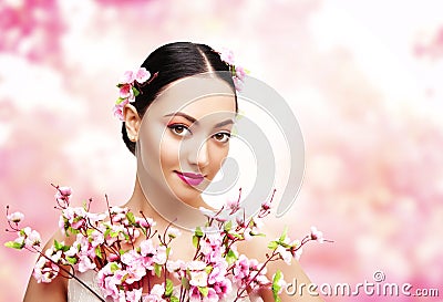 Woman Beauty Pink Flowers, Asian Fashion Model Girl Stock Photo