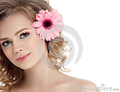 Woman beauty portrait with lower in hair curly blond hair isolated on white Stock Photo