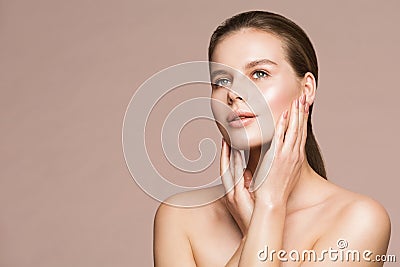 Woman Beauty Portrait, Model Touching Face, Beautiful Girl Makeup and Nails Treatment Stock Photo