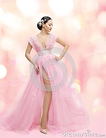 Woman Beauty Portrait in Pink Dress with Sakura Flower, Asian Stock Photo