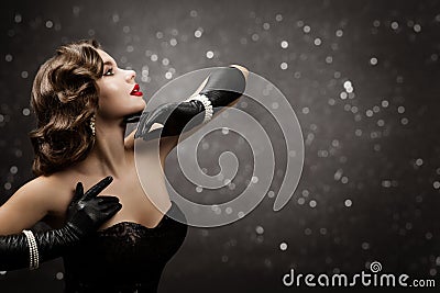 Woman Beauty Retro Hair Style, Fashion Model Make Up Hairstyle, Elegant Old Fashioned Lady Stock Photo