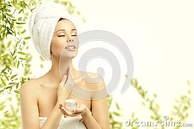 Woman Beauty Skin Care, Model Applying Moisturizer to Neck Stock Photo