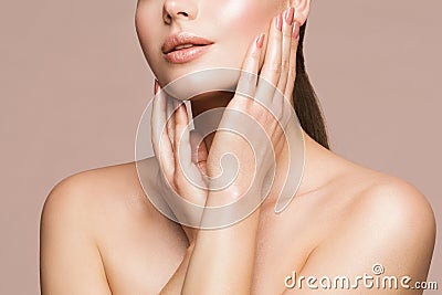 Woman Beauty Treatment, Model Touching Perfect Clear Face Skin, Beautiful Girl Makeup Close up, Skincare Stock Photo