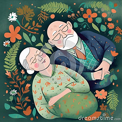 woman man bed asleep together couple retired happy flowers husband old love. Generative AI. Stock Photo