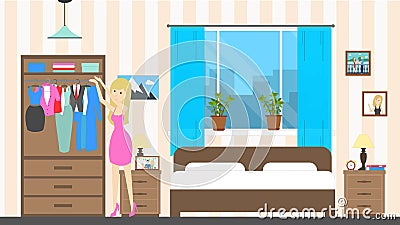 Woman in bedroom. Vector Illustration