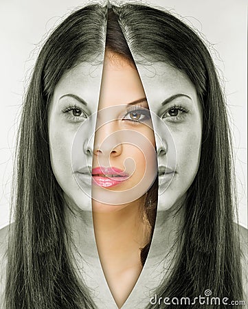 Woman behind the mask before and after makeup Stock Photo