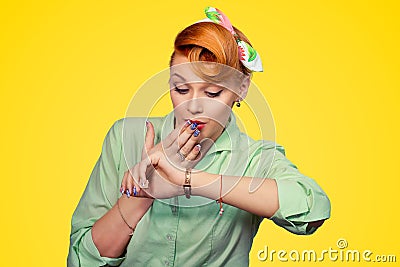 Woman being late to a date.looking at watch. Stock Photo