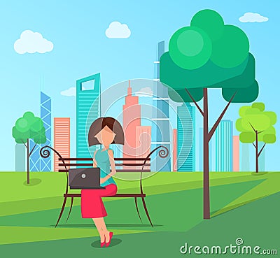 Woman on Bench with Laptop in Green City Park Vector Illustration