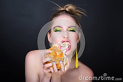 Woman with big hamburger Stock Photo