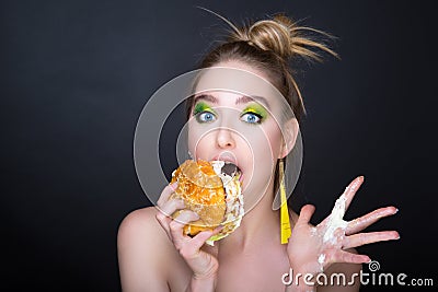 Woman with big hamburger Stock Photo