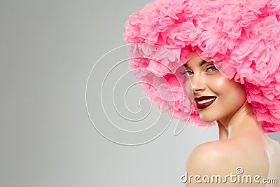 Woman Big Hat and Lips. Model wearing Fabric with lace ruffles hat. High Fashion Model fabric crown or hairstyle Stock Photo