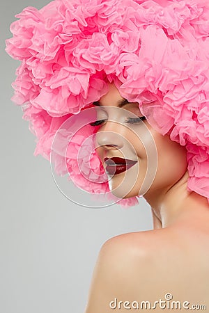 Woman Big Hat and Lips. Model wearing Fabric with lace ruffles hat. High Fashion Model fabric crown or hairstyle Stock Photo