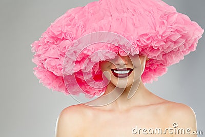 Woman Big Hat and Lips. Model wearing Fabric with lace ruffles hat. High Fashion Model fabric crown or hairstyle Stock Photo