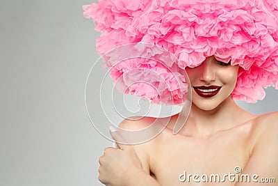 Woman Big Hat and Lips. Model wearing Fabric with lace ruffles hat. High Fashion Model fabric crown or hairstyle Stock Photo