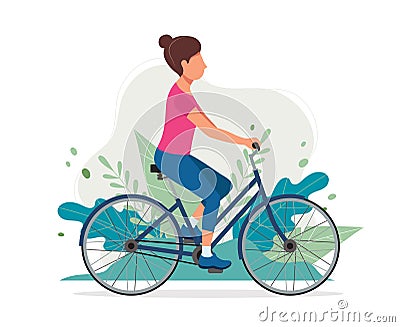 Woman with a bike in the park. Vector illustration in flat style, concept illustration for healthy lifestyle, sport Vector Illustration